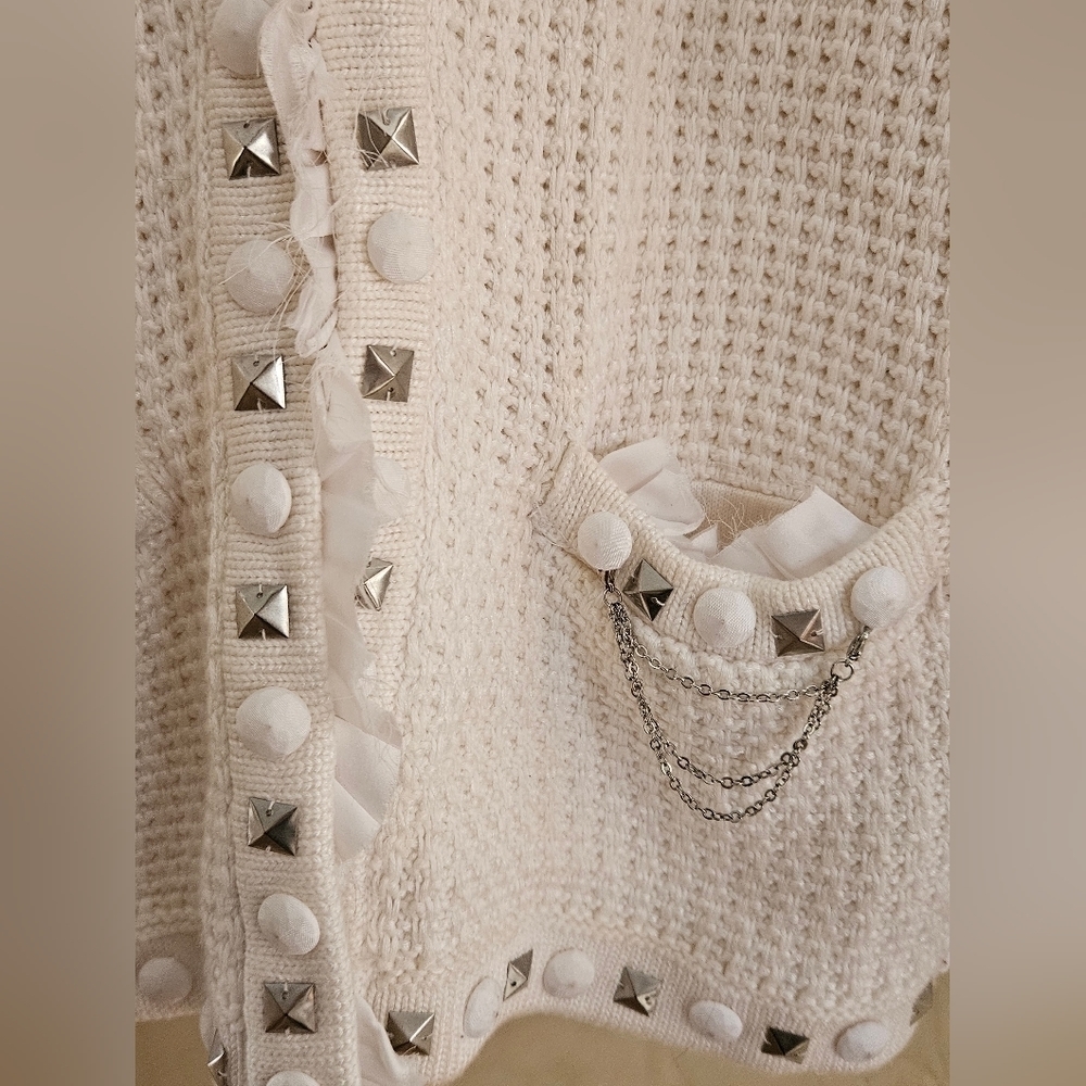 White House Black Market Cream Ruffle/Jewel Detail  Sweater Cardigan-Size Medium - Picture 8 of 12
